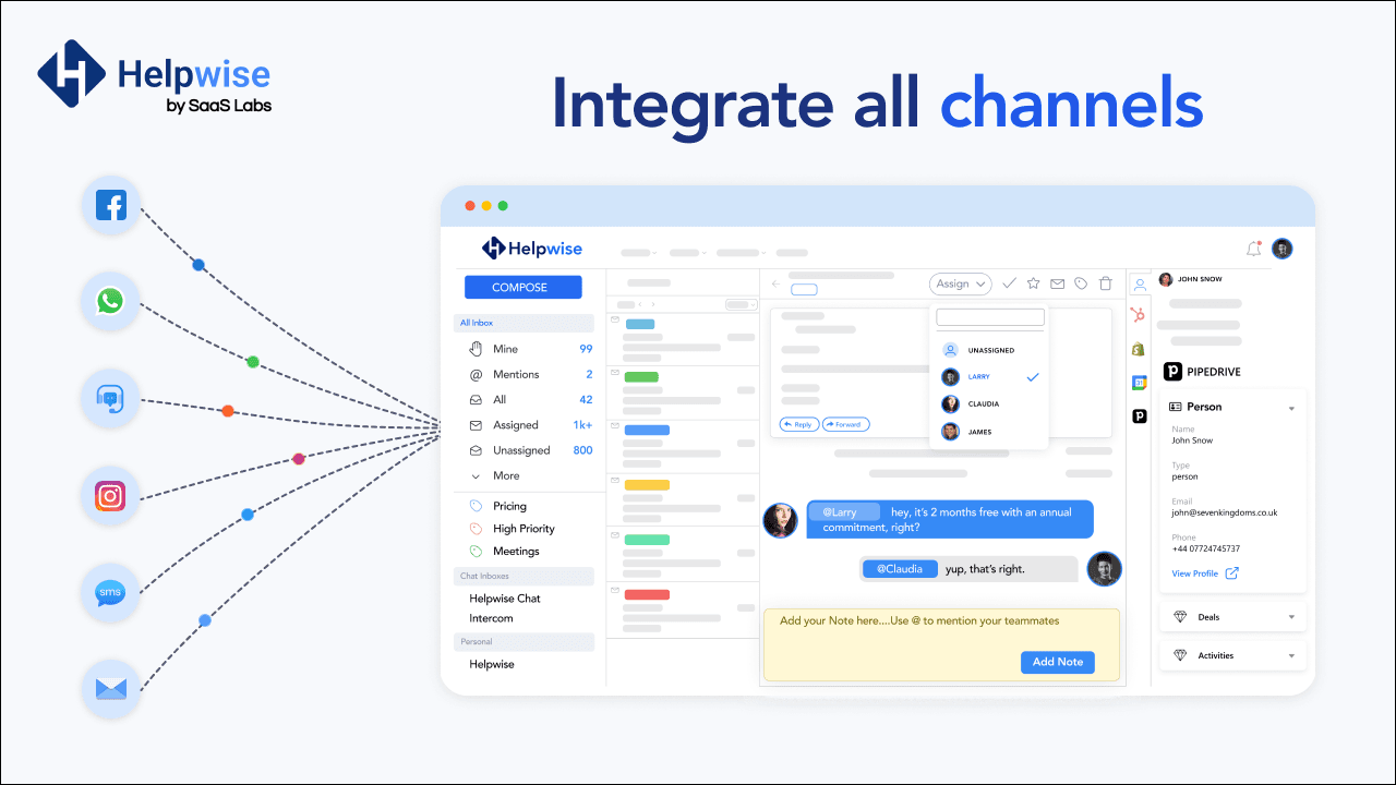 Connect with customers on Email, Live Chat, Whatsapp, SMS, social media and more.