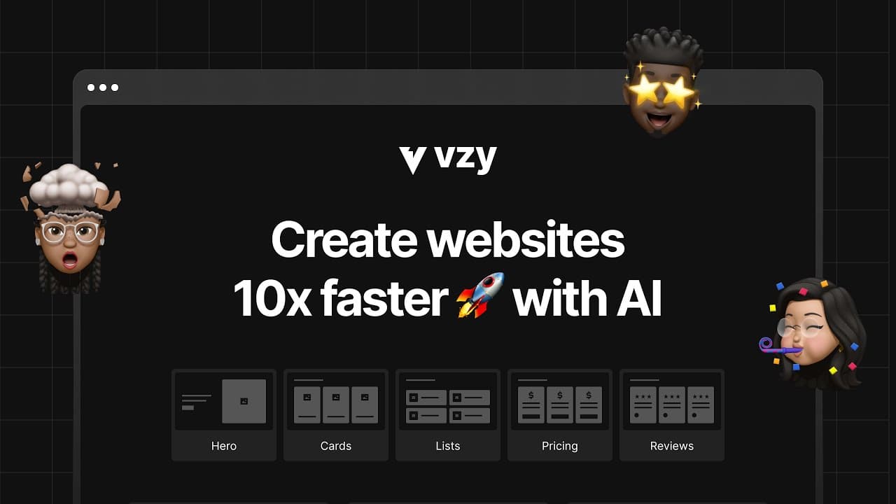 The Vzy AI-Powered Website Builder transforms your idea into a stunning, fully-functional website 10x faster with no design or coding skills required!  Getting started is very easy! Just add your business name, type, and a brief description. Pick a theme that suits your style and let our AI work its magic. When it’s done, you'll have a stunning website with engaging content, beautiful images, forms - and even a slick dark mode!  Editing and customizing on Vzy is a breeze, even on your phone. Add pricing, accordions, lists, cards and more - every section blends seamlessly with your selected theme and looks great on any device! We've cooked up a design system that offers fonts and colors that work together. One click, and your whole site gets a fresh, urban, bold style!  You’ll love forms on Vzy! Just pick what info you want to collect and add your “Submit” button. When people fill out a form on your site, all their details are neatly organized in your site contacts, easily accessible for a quick call or email.  You can create multiple websites with just one Vzy account making it perfect for your portfolio, landing pages, or client sites! It automatically generates SEO with AI, SSL for security, CDN for speed, and super reliable AWS hosting. Track your website growth with analytics, and even transfer websites via email!  Create your website with AI at vzy.co